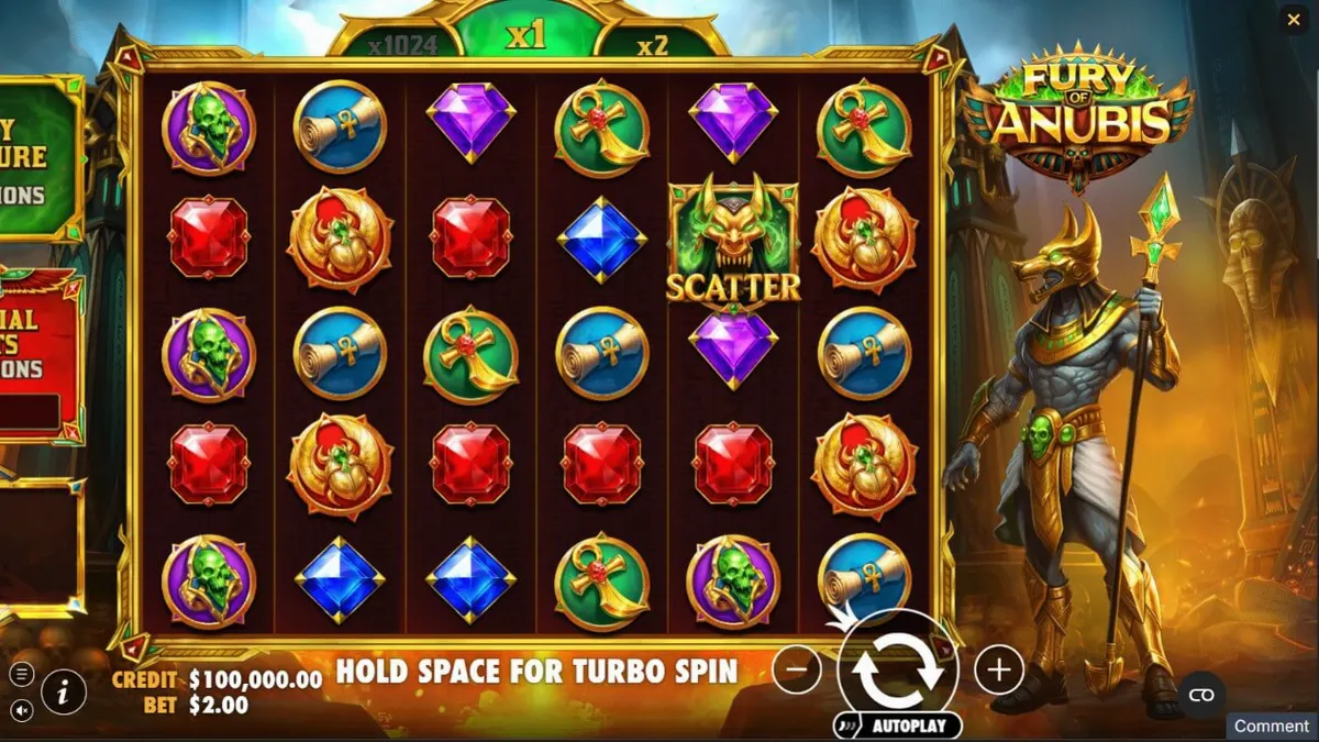 Tampilan visual slot Fury of Anubis dengan latar belakang kuil Mesir kuno.