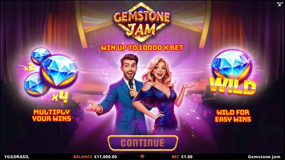 Tampilan visual slot Gemstone Jam dengan latar belakang panggung kuis mewah
