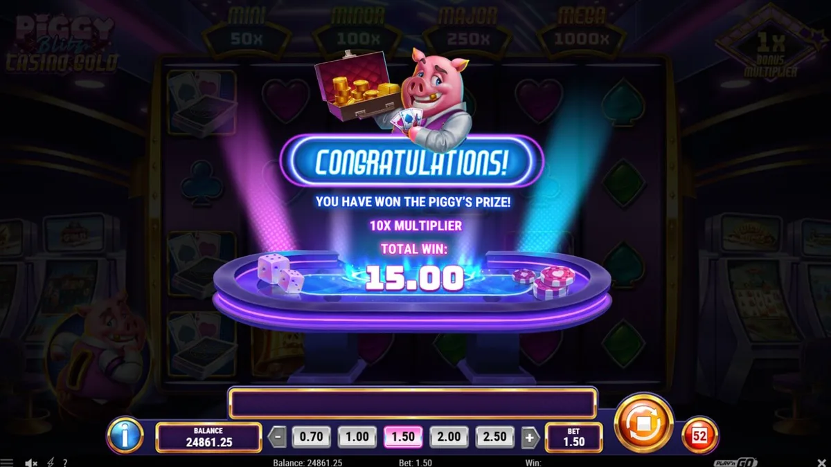 Tampilan visual slot Piggy Blitz Casino Gold dengan tema kasino mewah dan simbol babi.