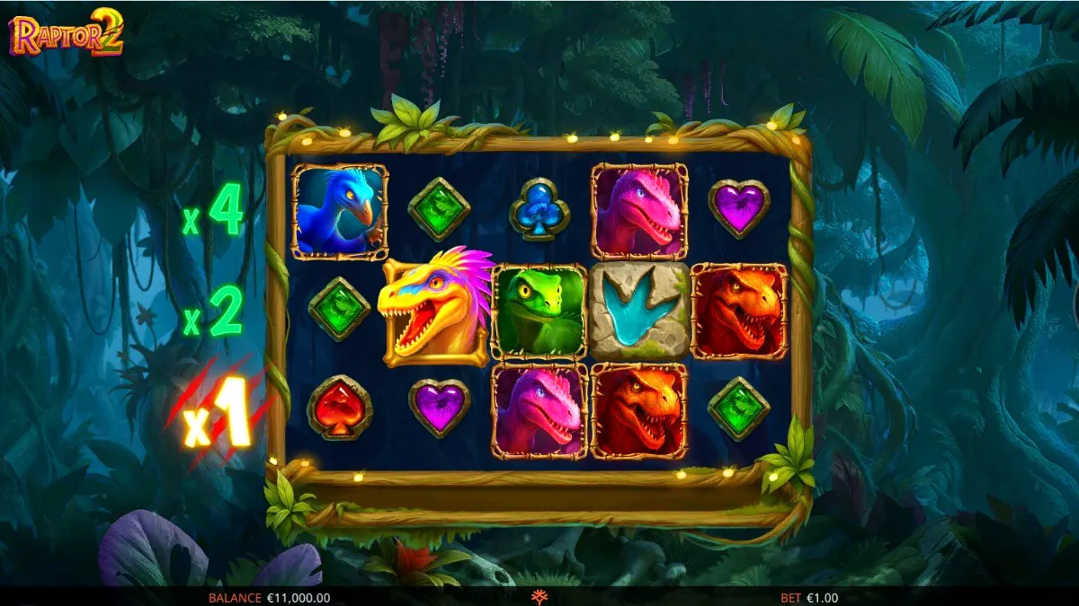 Tampilan visual slot Raptor 2 DoubleMax dengan tema hutan prasejarah dan simbol dinosaurus.