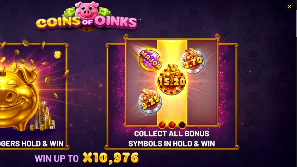 Tampilan visual slot Coins of Oinks dengan tema babi mewah dan koin emas